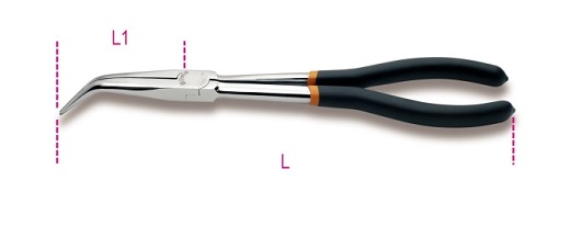 Pinza A Becchi Mezzotondi Lunghissimi Zigrinati Piegati A 45° Per Impieghi Speciali Manici Ricoperti Con 2 Strati Di Pvc Antiscivolo