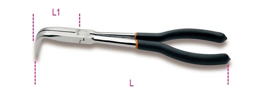 Pinza A Becchi Mezzotondi Lunghissimi Zigrinati Piegati A 90° Per Impieghi Speciali Manici Ricoperti Con 2 Strati Di Pvc Antiscivolo