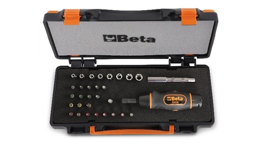 Assortimento Di 1 Giravite Dinamometrico, 8 Chiavi A Bussola Esagonali, 20 Inserti Per Avvitatori E 2 Accessori In Cassetta Di Lamiera Con Termoformato Morbido