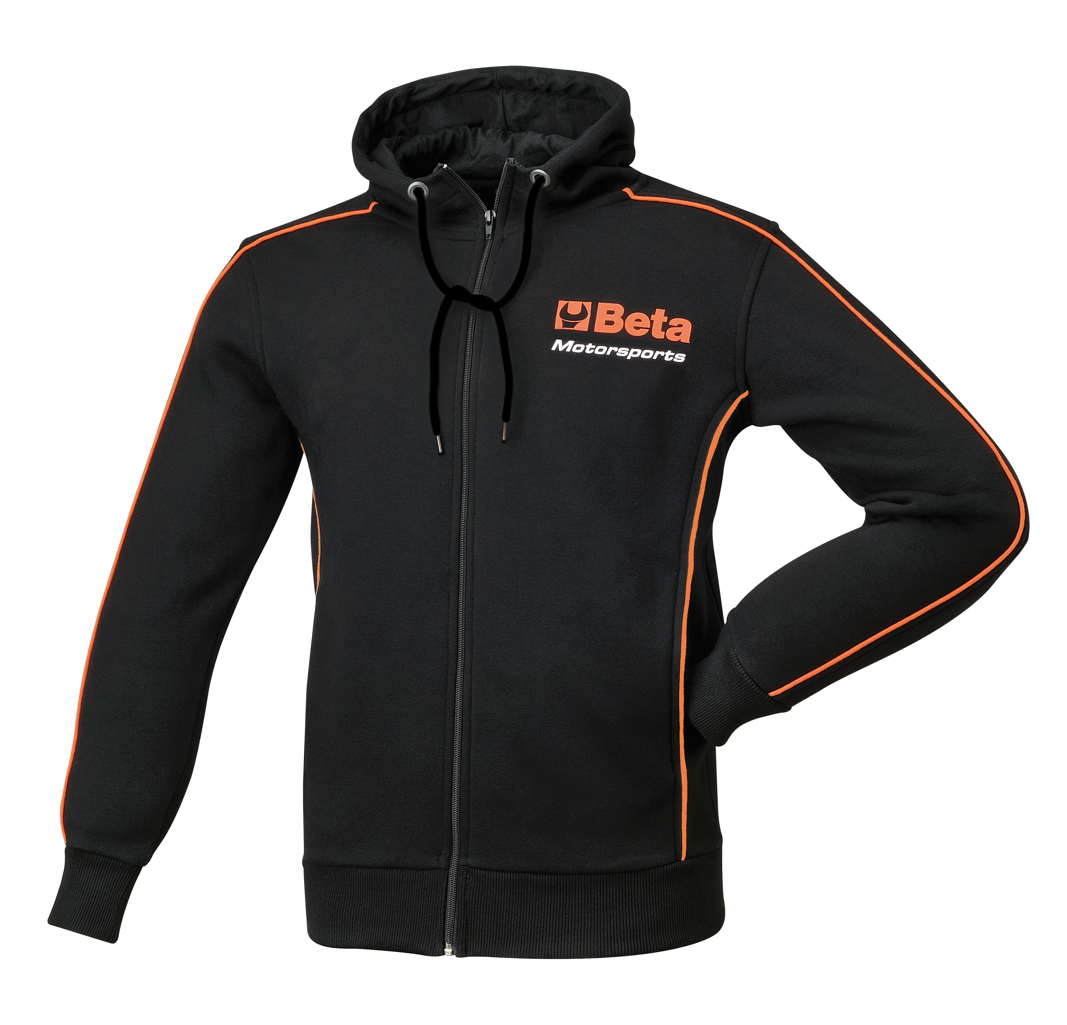 Felpa In Cotone 100% Rasato Con Cappuccio, Profili In Piping Arancio, 330 Gr., Logo Reflective E Stampa Retro.